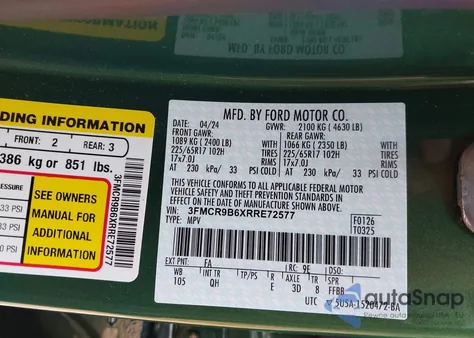 2024 Ford Bronco Sport Big Bend из США, поврежденный, VIN 3FMCR9B6XRRE72577